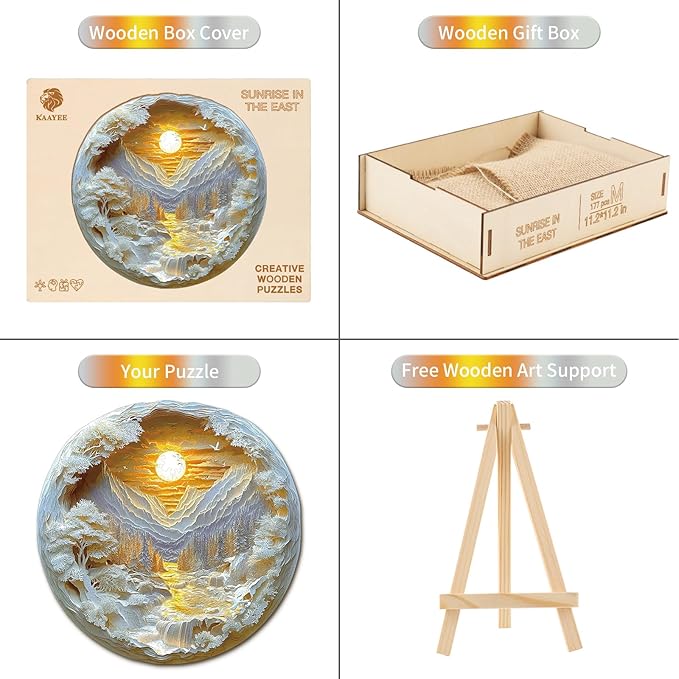 KAAYEE Wooden Puzzles for Adults, 3D Visual Effect Sunrise in The East Wooden Jigsaw Puzzle Unique Shape Wood Puzzle Adult, Birthday Gifts for Puzzle Lovers Family Games (M-11.2 * 11.2 in-177pcs)