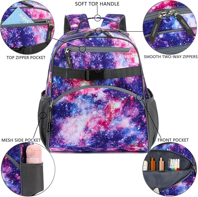 FlowFly Kids Backpack for Toddler Boys Girls, Simple Lightweight Bookbag for Daycare Kindergarten Elementary School Travel, Small Modern Bag (Medium 15''), Galaxy
