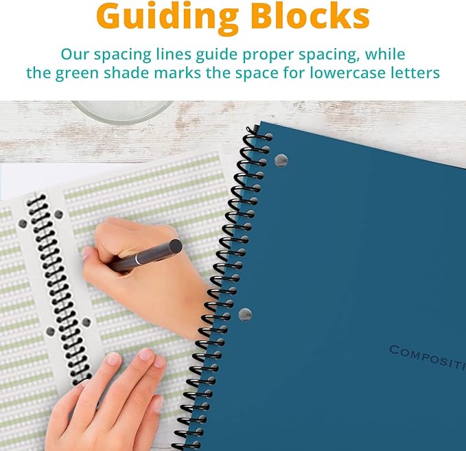 Channie's Youth Composition Notebook, Homework & Improvement Journal for Kids, Older Learners, & Special Needs Students, with Color-Coded Blocks for Handwriting Practice, Blue