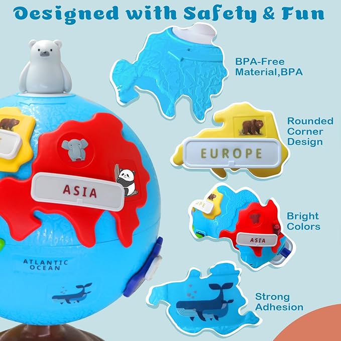 Spinning Globe for Children–Interactive Geography Learning Toy for Kid 3+, 8" Educational Puzzle Globe with 6 Continent & 12 Animial | STEM Geography Game for Kids 4-8, Preschool Birthday Gift