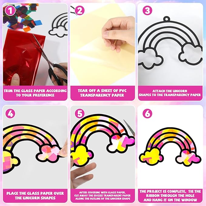 QOUBAI 32 Sets Unicorn Rainbow Suncatchers Craft Kit DIY Window Stained Glass Effect Diamond Star bow Paper Crafts Home School Classroom Decoration Kid Birthday Gift Creative Art Project Activity Game