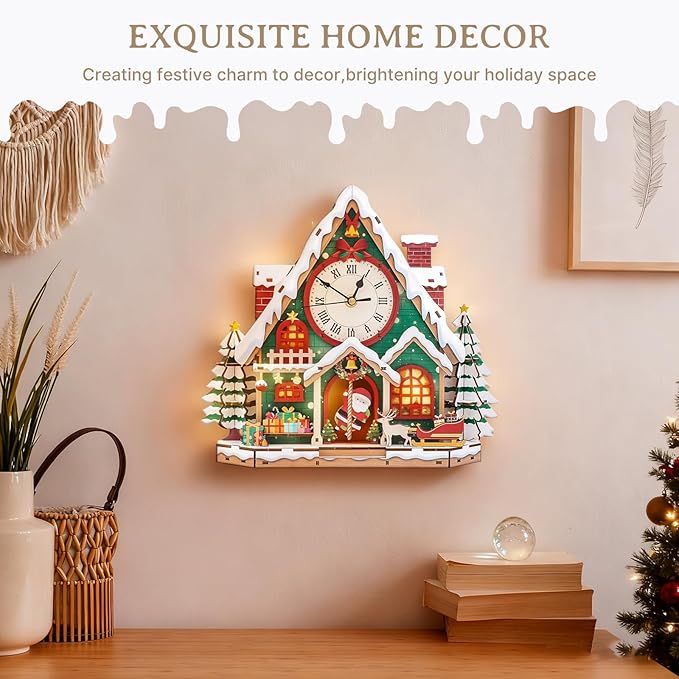 KAAYEE 3D Puzzle for Adult, Wooden Christmas Cabin Pendulum Clock Mechanical Model Kit, 66 PCS DIY Vintage Wall Clock Building Kit, Creative Craft Gift for Birthday Home Decor (Battery Not Included)