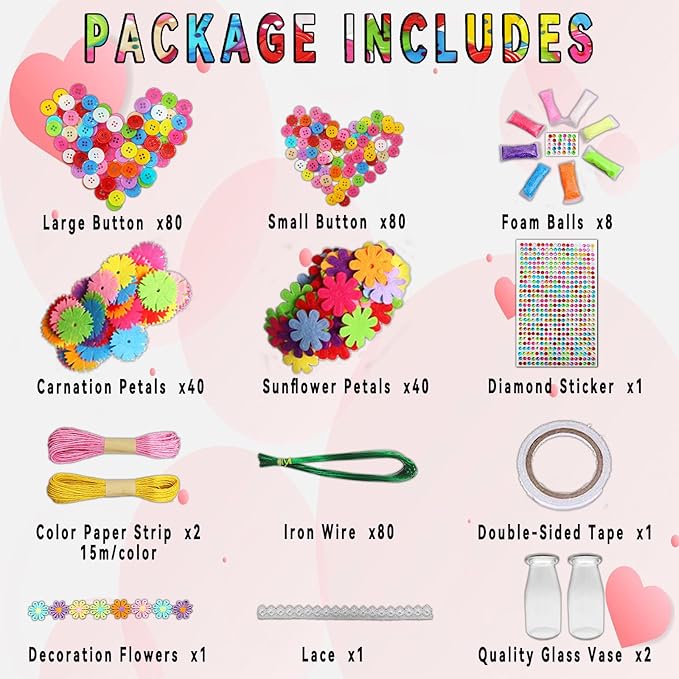 Crafts for Girls Ages 6-10 Make Your Own Flower Bouquet with Buttons and Felt Flowers, Vase Art and Craft for Children - DIY Activity Christmas Birthday Gift for Girls Age 6 7 8 9 10 Year Old