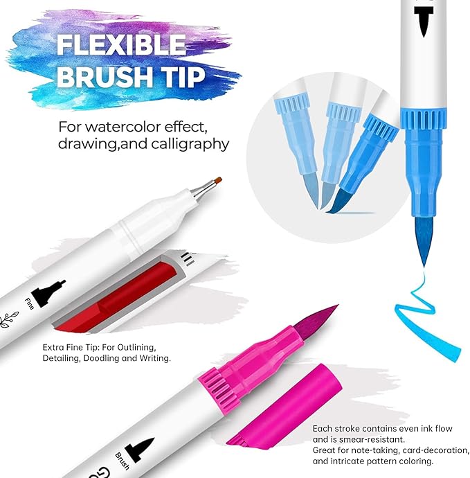 GC 100 Dual Tip Brush Pen Coloring Markers Set Flexible Brush Fineliner Tips - Watercolor Based Markers for Adult Coloring Books Calligraphy Hand Lettering Drawing Markers 100W