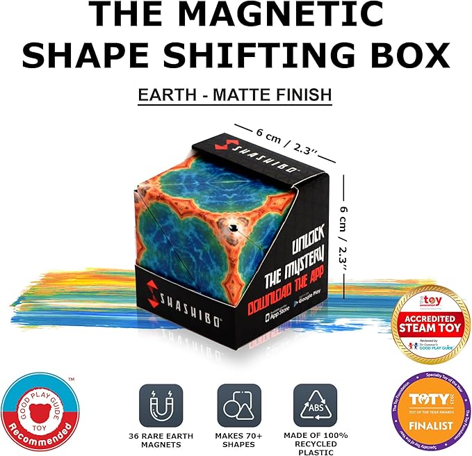 SHASHIBO Shape Shifting Box - Award-Winning Fidget Toy w/ 36 Rare Earth Magnets - Fidget Cube Transforms Into Over 70 Shapes, Sensory Toy Gift for Kids, Teens, and Adults (Earth)