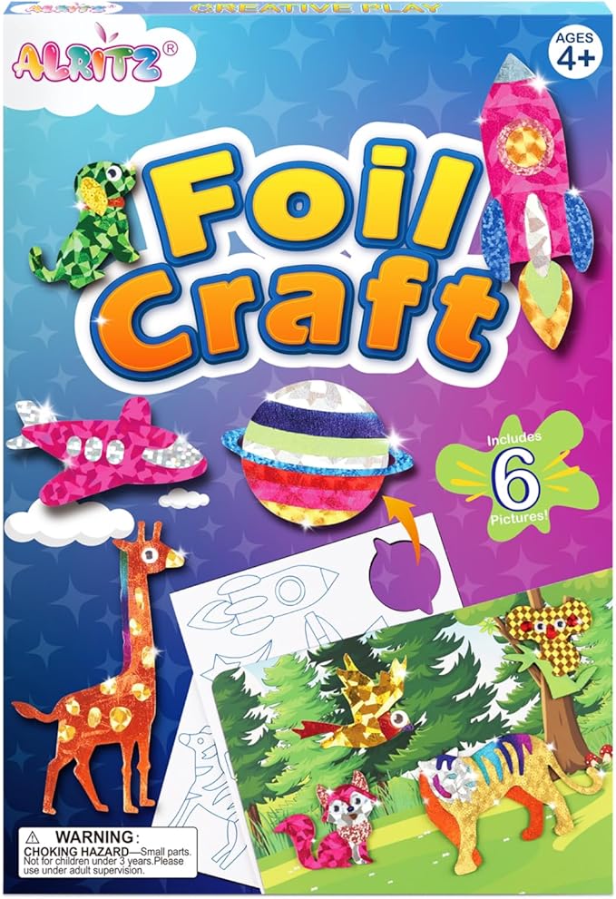 Alritz Arts and Crafts,Foil Crafts Fun Kit, Art Kit Toys for Kids Animals Space Cars, Foil Stickers Supplies,Travel Toys DIY Christmas Gifts for Girls Boys 4 5 6 7 8 9 10 11+ Years Old (6 Theme)