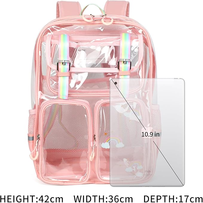 Clear Backpack for School - 17" Transparent Backpacks With Water-Resistant PVC Plastic Material and Ruggedly Reinforced Shoulder Straps, School Bag for Teen Boys Girls Pink