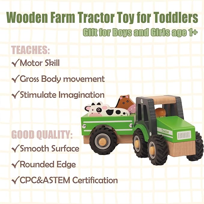 Wooden Tractor Toys for Toddlers 1-3, Baby Vehicle Toys Hand Push Car Toys for 1 2 3 Year Old Boys Girls (Green)