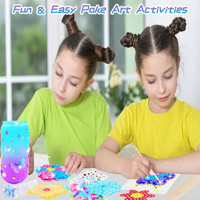 FJBICODA Poke Art Flower Bouquet Craft Kit - Arts and Crafts for Girls Ages 5-12 - Make Your Own Bouquet with 8 Flowers 2 Butterflies & 1 Vase - DIY Activities Gifts for 5 6 7 8 9 10+ Year Old Kids