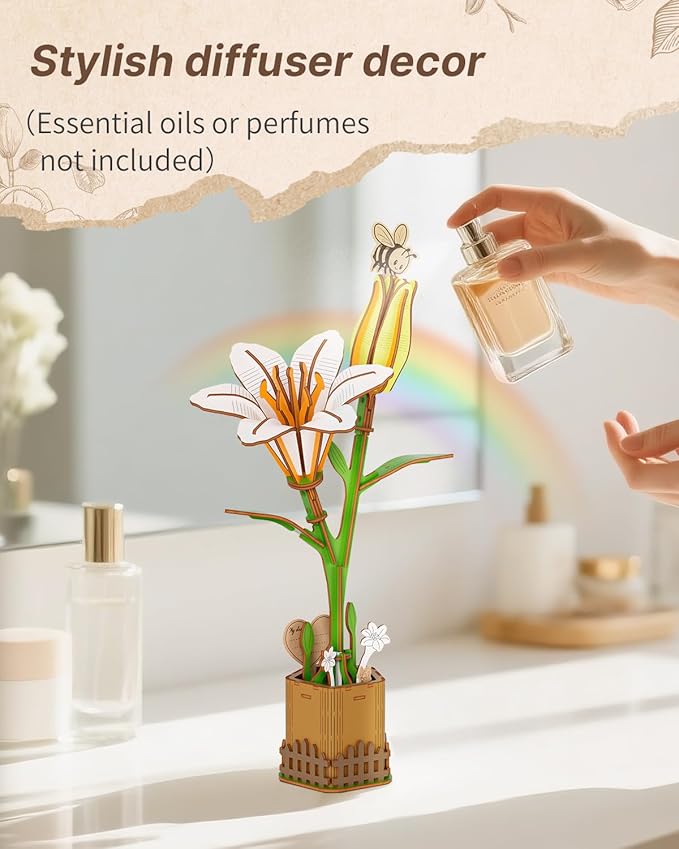 3D White Lily Wooden Puzzles for Adults,DIY Wooden Flower Craft,Wooden Flowers Model Kit Building Set Craft for Adults to Build.(6.42 * 4.13 * 10.94in 70PCS)