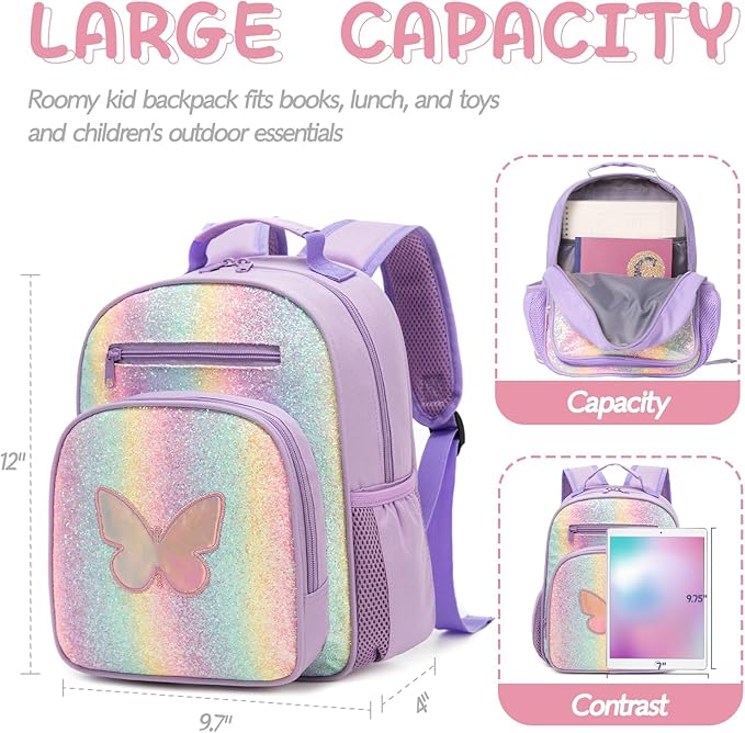 Toddler Backpack for Girls 2-4,Preschool Kindergarten Butterfly Backpacks,Small Backpack for Kids,Toddler Bookbag with Chest Strap