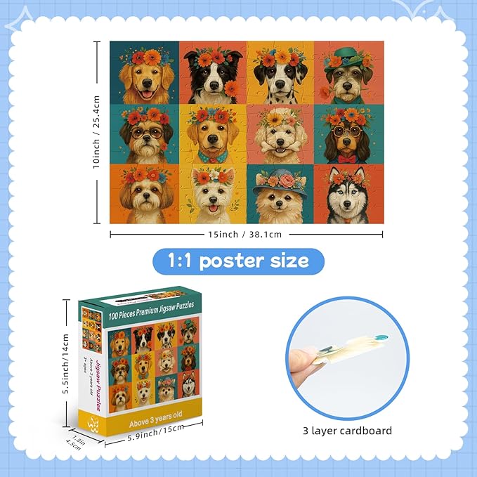 100-Piece Cute Dog Puzzle for Kids Ages 4-6 6-8 8-10, Adorable Cartoon Puppies with Flower Crowns, Hats & Glasses โ Educational Jigsaw Puzzle Toys for Girls & Boys Gift