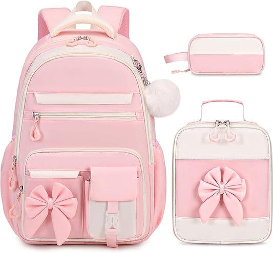 Backpack for Girls, 3PCS Girls Backpack for School with Lunch Bag Pencil Case, Cute Kids Teens Bookbag for Kindergarten Elementary Preschool Middle School (Pink)