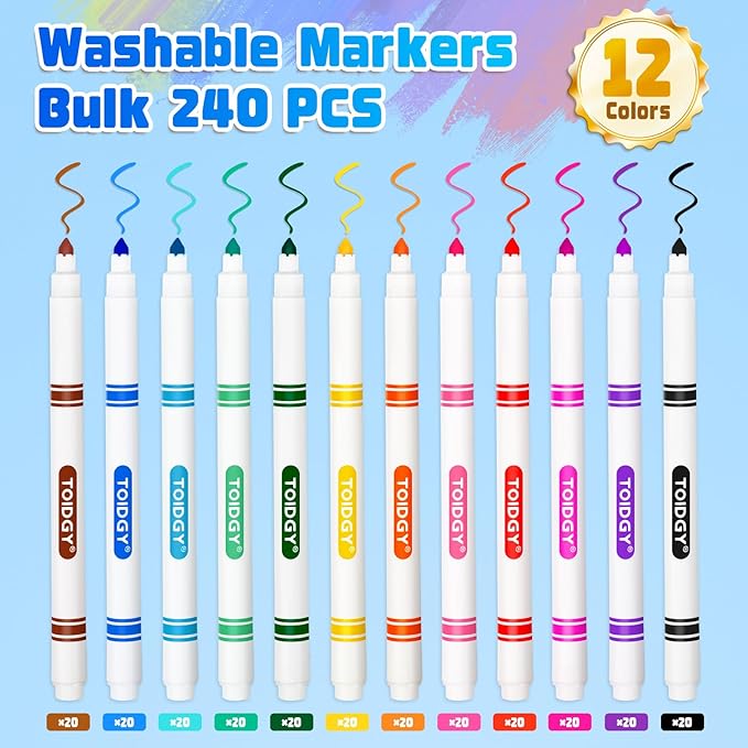 240 PCS Washable Markers for Kids, Colored Markers Bulk for School, Thin Marker Set in 12 Assorting Colors, Fine Line Marker with Conical Tip, Back to School Supplies, Classroom Must Haves
