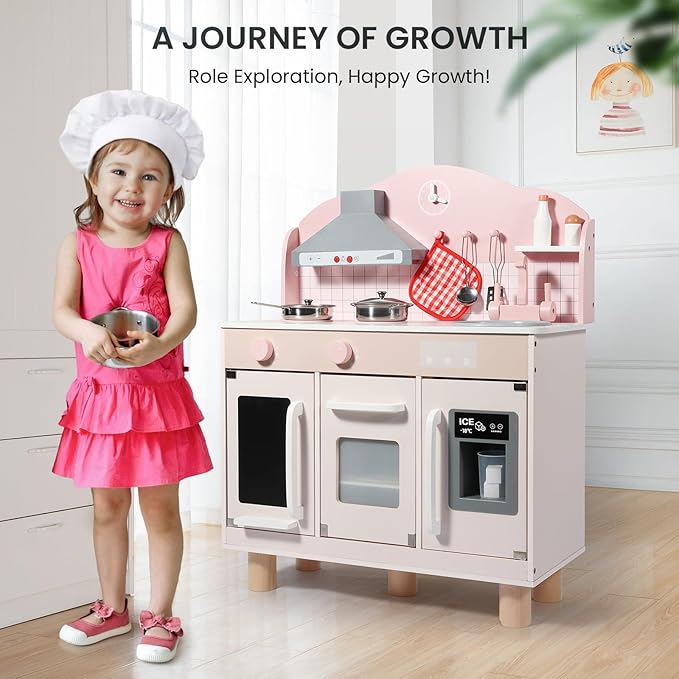 Bluewood Wooden Kids Kitchen Playset,Pretend Toy Kitchen for Toddlers Ages 1-3, with Lights, Sound, Oven, Ice Maker, Sink & Storage – Montessori Indoor Role Play Gift
