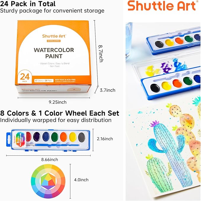 Shuttle Art 24 Pack Watercolor Paint Set, 8 Colors with Paint Brushes & Color Wheels, Washable for Kids & Adults, Suitable for Classroom, Parties, Kindergarten & Art Activities