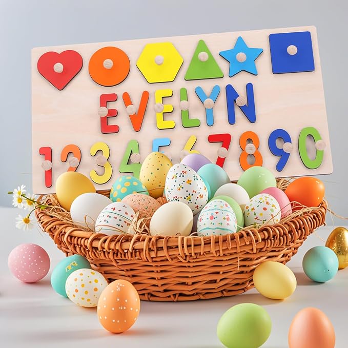 Name Puzzle for Kids Personalized, Baby Easter Basket Stuffers, Montessori Toys for 1 2 Year Old Boy Girl Birthday Easter Gifts, Personalized Alphabet Shape Puzzles for Kids