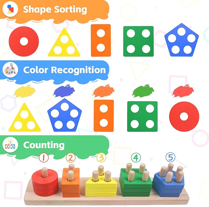 Montessori Toys for 1 2 3 Year Old - Wooden Baby Stacking Toys Sensory Educational Shape Sorter Color Sorting Toy for Toddlers 1-3, Birthday Gifts for Girls Boys Kids
