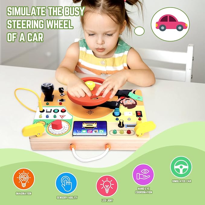 Toddler Toys Montessori Busy Board for 1+ Year Old Boys & Girls Steering Wheel Driving Simulation Toy Travel Activities for Toddlers 1 2 3 4+ Year Old Sensory Toys