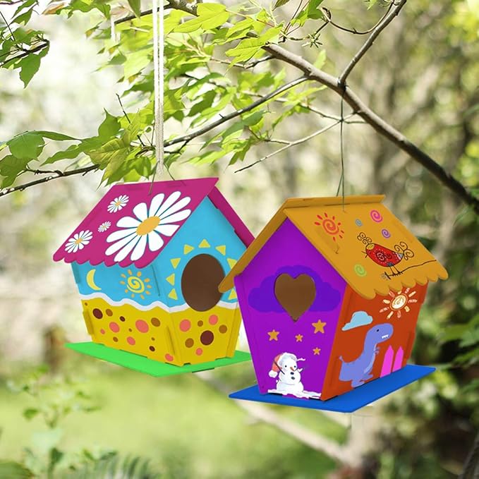 hapray 2 Pack Bird House Kit, DIY Birdhouse Kits, Wooden Crafts Arts for Children to Build and Paint (Includes Paints & Brushes) for Kids Girls Boys Toddlers Halloween Christmas Gifts