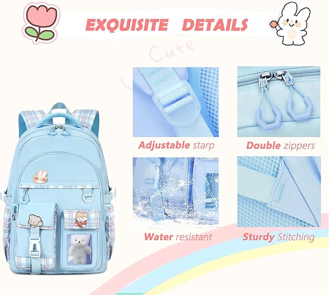 Girls Backpack,Cute School Backpack for Girls Kids Teens,Kawaii Bookbag for Primary Elementary, Blue