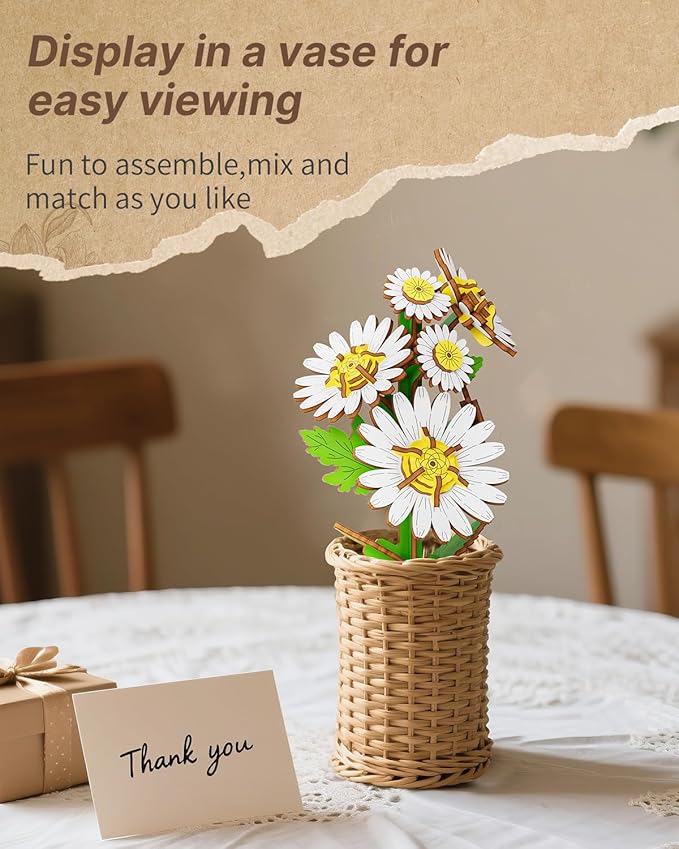 3D Daisy Wooden Puzzles for Adults, DIY Wooden Flower Craft Kit, Artificial Flowers Model Kit to Assemble for Adults.(3.1 * 2.6 * 7.4in 91PCS)