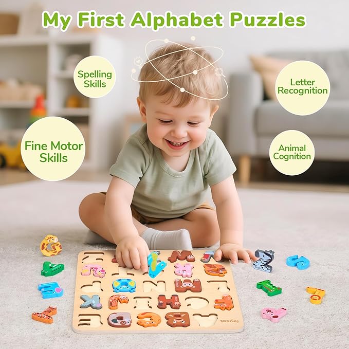 JoyCat Wooden Animal Alphabet Puzzles for Toddlers 1-3, 26 Letter Pieces, Montessori ABC Learning Toy, Gifts for 1 2 3 4 5 Year Old Boy Girl, Preschool Learning Activities