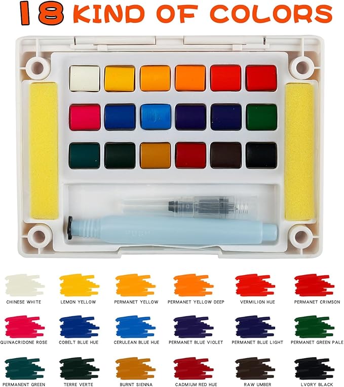 Watercolor Paint Set,Vivid Colors Travel Paint Set Graspable Painting Set Watercolor Sketching Kit with Water Brush Pens,24 Sheets Watercolor Papers,3 Online Tutorial Video - 18colors
