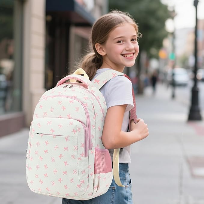 LEDAOU School Backpack for Girls Kids Bookbag Elementary Middle School Bag for 8-14 (Pink Bow)