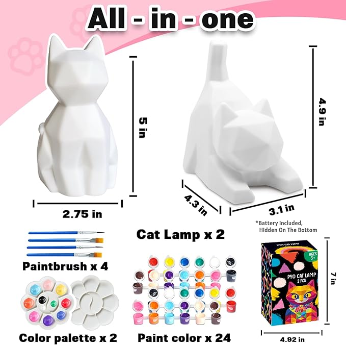 FUNZBO 2pcs Paint Your Own Cat Lamp Kit - Arts and Crafts Supplies Kitten Painting Kits for Kids Teens Adults, DIY Night Light Toy for Toddlers Girl Boy Ages 3 4 5 6 7 8 9 10 11 12 13 + Birthday Gifts
