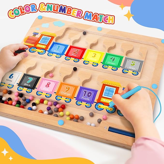 Magnetic Color and Number Maze,Montessori Toys for 2-5 Years Old Boys,Wooden Magnet Balls Puzzles,Toddler Busy Board,Preschool Learning Activities,Christmas & Birthday Gift for Kids