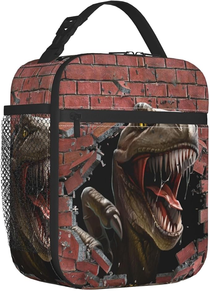 Dinosaurs Breaking Walls Reusable Lunch Box Food Bag Insulated Lunch Bag for Teenage Boys Girls School Beach