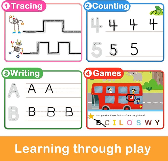Preschool Learning Activities 60 Reusable Pages, Tracing Letter Number Handwriting Practice Book for Kids, Montessori Autism Educational Fine Motor Toddler Learning Toys for 3 4 5 Year Olds