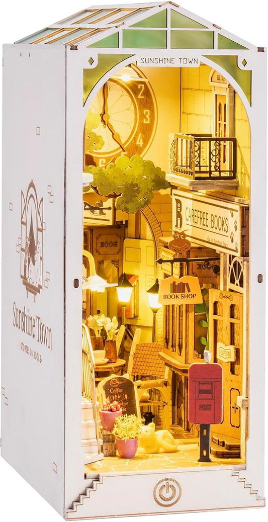 Rowood Book Nook Kits for Adults Bookshelf Insert Decor Alley 3D Wooden Puzzle Bookend DIY Craft Kits for Adults with LED Light - Sunshine Town