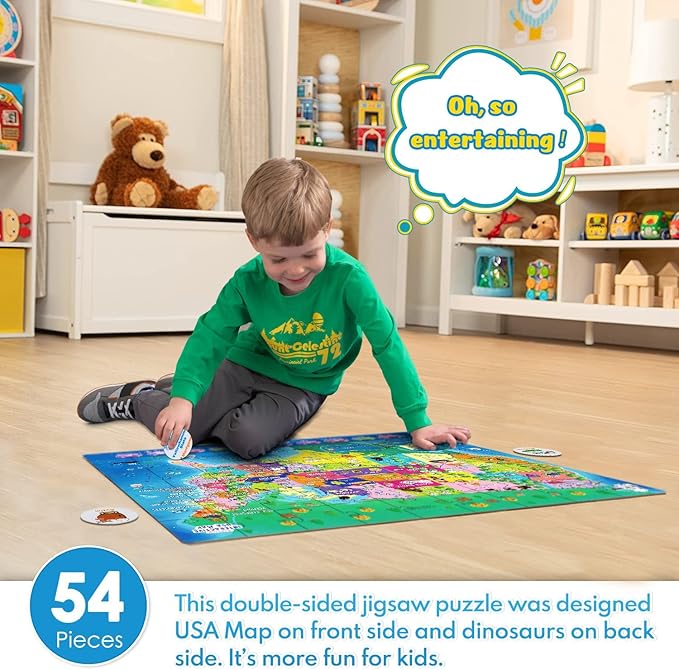 Puzzles for Kids United States Dinosaurs Floor Puzzle, 54 Piece Double-Sided, USA Map Jigsaw Puzzle for Ages 3-8 & 8-10, 21'x15' with Geographic Stickers