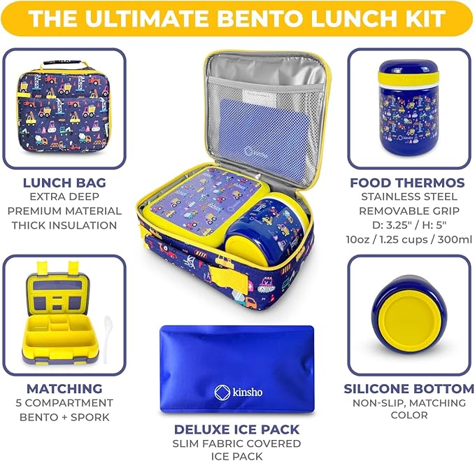 Bento Box with Thermo, Insulated Lunch Bag, & Ice Pack Set for Kids or Toddlers. Stainless Steel Food Jar, 5 Compartment Lunch-Box for Pre-School or Daycare, Blue Yellow Trucks