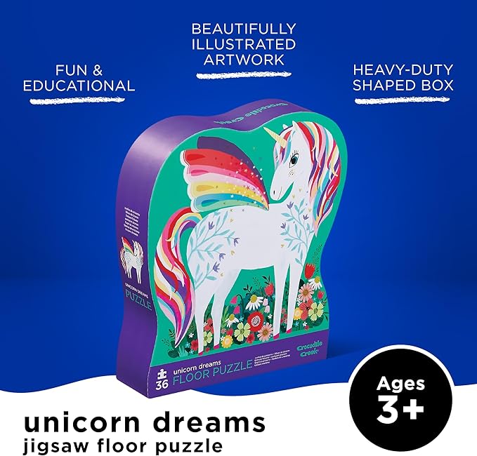 Crocodile Creek 36-Piece Jigsaw Floor Puzzle - Fun Floor Puzzles for Kids Ages 3-5 - Heavy-Duty Shaped Box for Storage - Unicorn Dreams - 27" W x 20" H Finished