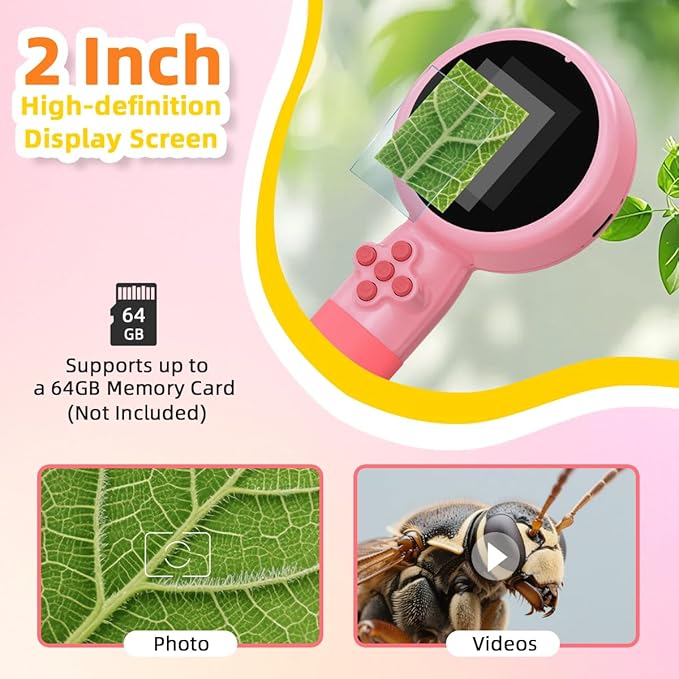 Kids Microscope with Bug Catcher Kit, 1080P Digital Mini Handheld Microscope STEM Science Toy with LED Light, Rechargeable, Portable, Supports 64GB TF Card, Educational Gift for Kids Ages 3-12 (Pink)