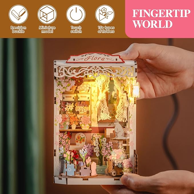MOMIBOOK Book Nook Kit 153 Pcs DIY Miniature Dollhouse Kit for Adults, 3D Wooden Puzzle Mini Booknook Bookend Bookshelf Decor, Tiny House Model, Party Christmas Birthday Gifts, Flower Shop Cabin