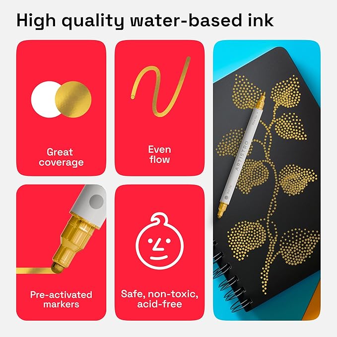 ARTISTRO 2 Gold Dual-Tip Acrylic Paint Pens - Multisurface Markers for Glass, Rock, Fabric, Wood, Plastic & More - 5mm Dot + 1mm Fine Tips