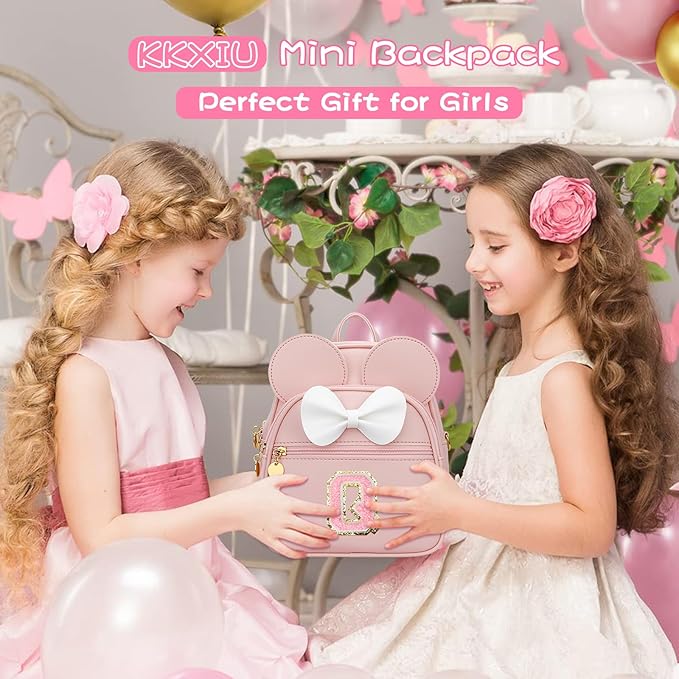 KKXIU Girls Initial Bowknot Cute Mini Backpack for Toddler, Travel Small Girl Backpacks, Personalized Trendy Stuff Gift for Little Girls and Kids(Q, Pink)