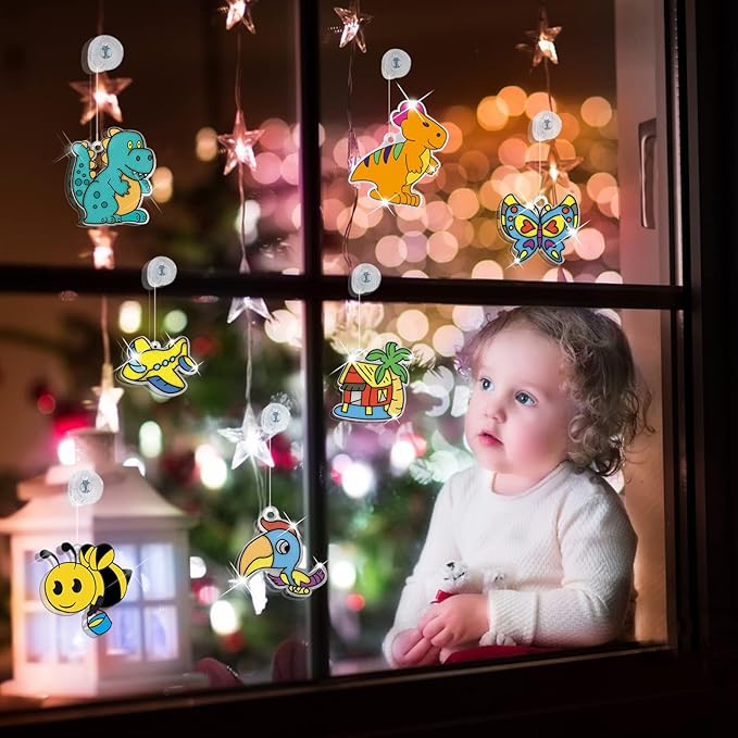 Window Paint Art, 36 Suncatchers Double Craft Kit for Kids – Children’s Make Your Own Fun Suncatcher Set Suction Cups DIY Car & Mirror Arts Crafts Children