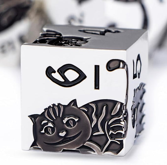 Metal DND Cat Dice 7PCS Polyhedral RPG Dice Set with Gift Case for Dungeons Dragons Role Playing Game, D and D Dice D6 D8 D10 D12 D20 D% (Silver Black)