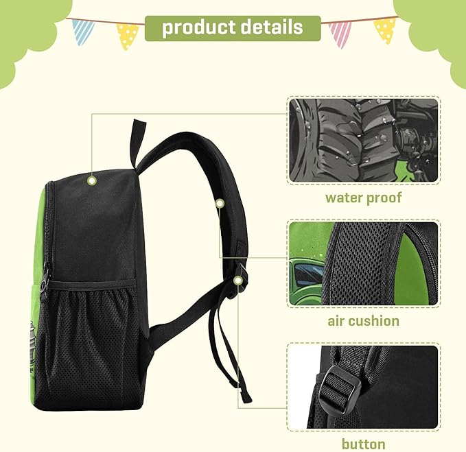 Monster Truck Green Toddler Backpack for Boys Girls 3-6 Bookbag for Preschool Small Kindergarten Elementary Backpackss for Kids for School