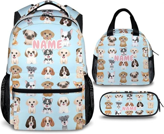 Custom Dog Backpack with Lunch Box, Set of 3 School Backpacks Matching Combo, Cute Blue Bookbag and Pencil Case Bundle