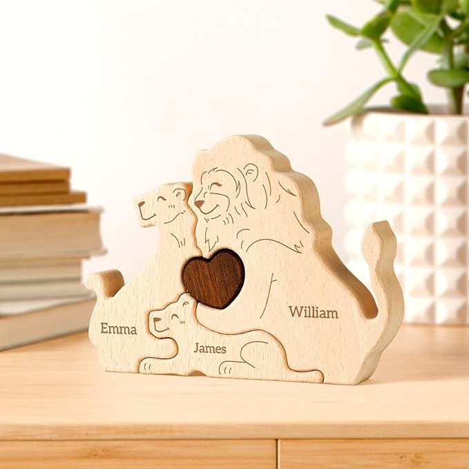 Wooden Lion Family Puzzle, Personalized Puzzles with 2-5 Names, Mothers Day Birthday Gifts for Women Men, Customized Home Decor Housewarming Gifts for Parents Couple Friends