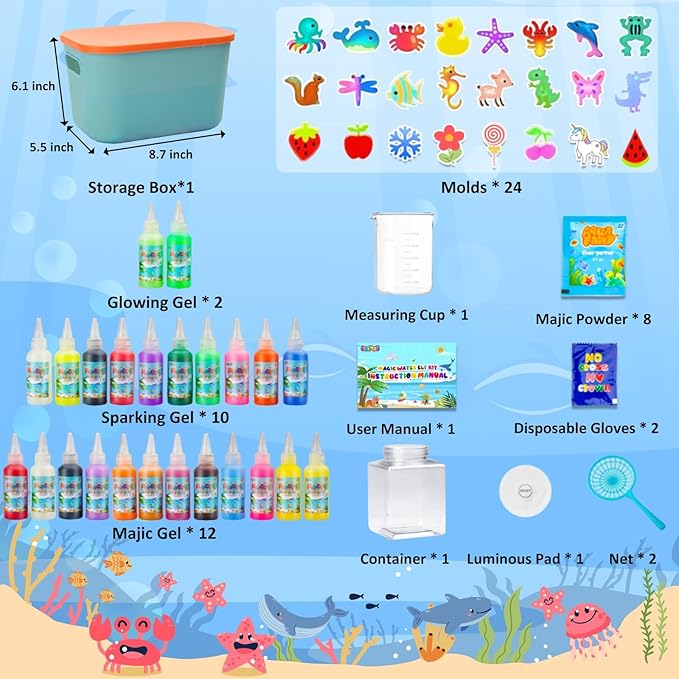 Magic Water Elf Toy Kit - Squishy Maker with 24 Molds & Glow Gels, DIY Mixies Craft Kit for Kids Ages 3+, Make Your Own Glowing Water Pets, STEM Sensory Toy Gift for Boys & Girls