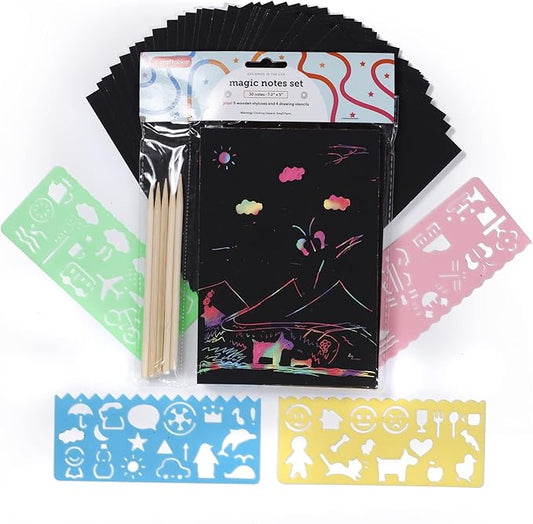 Incraftables Rainbow Scratch Paper Set. Magic Notes Kit with 30pcs Black Scratch Art Paper, 5pcs Wooden Stylus & 4pcs Drawing Stencils. Best Rainbow Notebooks for Kids Drawing & Craft