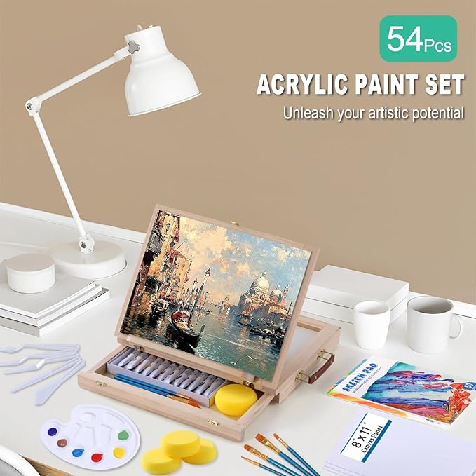54 Pieces Acrylic Paint Set with Tabletop Easel Stand, Complete Starter Painting Art Supplies with Acrylic Paints, Canvases, Sketch Pads, Brushes and Palette for Adults Teens Kids Beginners