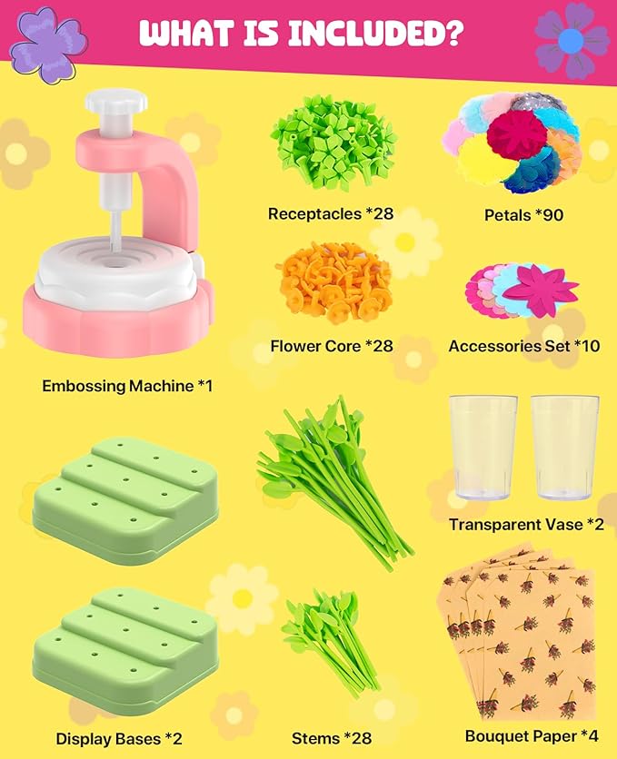 WKYCOE Fabric Flower Bouquets Craft Kit, DIY Arts and Crafts for Kids 4 5 6 7 8 9 Year Toddler Girl - Flowers Market Toy Educational Activity and Birthday Gift Toys Gifts Ideas for Boys Girls